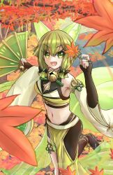 Rule 34 | 1girl, :d, animal ears, anmo nomi, autumn, autumn leaves, bare shoulders, bell, blonde hair, breasts, bridal gauntlets, cleavage, cleavage cutout, clothing cutout, commentary request, crop top, detached sleeves, duel monster, energy tail, fox ears, fox girl, fox tail, green eyes, green tail, hair between eyes, hair ribbon, hand fan, hand up, highres, holding, holding fan, holding leaf, hu-li the jewel mikanko, leaf, lime print, looking at viewer, medium breasts, midriff, multicolored hair, navel, neck bell, open mouth, pelvic curtain, ribbon, shirt, short hair with long locks, sidelocks, single leg pantyhose, smile, solo, standing, standing on one leg, streaked hair, tail, tree, tress ribbon, wide sleeves, yellow shirt, yu-gi-oh!