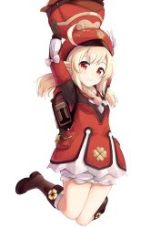 Rule 34 | 1girl, adda, ahoge, arms up, beret, blonde hair, bloomers, boots, bow, brown footwear, brown gloves, child, closed mouth, commentary request, dress, full body, genshin impact, gloves, hat, highres, klee (genshin impact), knees together feet apart, long hair, looking at viewer, pointy ears, red dress, red eyes, red hat, simple background, smile, solo, twintails, underwear, white background, white bow