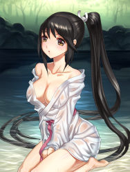 Rule 34 | 1girl, :o, between thighs, blush, body blush, breasts, brown eyes, cleavage, collarbone, highres, long hair, no toes, original, ponytail, revision, seiza, sitting, solo, very long hair, water, wet, wet clothes, youbou