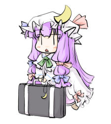 Rule 34 | 1girl, :&lt;, ascot, bad id, bad pixiv id, bow, crescent, dress, female focus, hair bow, hat, hat bow, leaning, long hair, lowres, natsuki (silent selena), open mouth, patchouli knowledge, purple hair, simple background, solo, suitcase, touhou, white background, | |