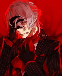 Rule 34 | 1boy, antonio salieri (fate), antonio salieri (second ascension) (fate), ascot, black gloves, black jacket, collared shirt, eyebrows, fate/grand order, fate (series), formal, gloves, jacket, long sleeves, looking at viewer, male focus, neckwear request, pinstripe pattern, red ascot, red background, shirt, short hair, simple background, solo, striped, suit, toalke knell, twitter username, upper body, white hair, white shirt