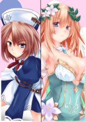Rule 34 | 10s, 2girls, bare shoulders, blanc (neptunia), blonde hair, blue eyes, blush, breasts, brown hair, cleavage, female focus, flower, four goddesses online: cyber dimension neptune, hair ornament, hat, height difference, jewelry, large breasts, long hair, looking at viewer, multiple girls, necklace, neptune (series), shishin (shishintei), short hair, vert (neptunia)