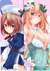 10s 2girls bare_shoulders blanc_(neptunia) blonde_hair blue_eyes blush breasts brown_hair cleavage female_focus flower four_goddesses_online:_cyber_dimension_neptune hair_ornament hat height_difference jewelry large_breasts long_hair looking_at_viewer multiple_girls necklace neptune_(series) shishin_(shishintei) short_hair vert_(neptunia)