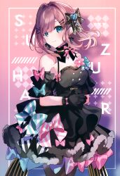 Rule 34 | 1girl, absurdres, black dress, black thighhighs, blue eyes, blush, bow, brown hair, detached sleeves, dress, flower, green bow, hair ornament, highres, looking at viewer, nijisanji, pink bow, pink flower, saine, scan, sleeveless, solo, striped, striped bow, suzuhara lulu, thighhighs, virtual youtuber, x hair ornament