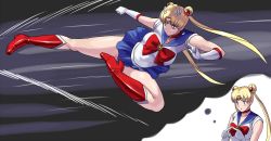 Rule 34 | 1990s (style), 1girl, 78 (tky8), bishoujo senshi sailor moon, blonde hair, blue eyes, blue sailor collar, blue skirt, boots, bow, breasts, choker, double bun, earrings, elbow gloves, flying kick, gloves, high heels, imagining, jewelry, kamen rider, kicking, knee boots, large breasts, legs, long hair, long legs, magical girl, parody, red bow, rider kick, sailor collar, sailor moon, shoes, skirt, solo, steepled fingers, thighs, tiara, tsukino usagi, twintails, white gloves