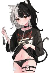 Rule 34 | 1girl, absurdres, akarinnndesu, alternate costume, animal ears, bandages, black hair, black panties, blush, breasts, cat ears, cat tail, clothes lift, collar, cowboy shot, ear piercing, highres, hololive, hololive english, long sleeves, looking at viewer, medium hair, multicolored hair, navel piercing, oversized clothes, oversized shirt, panties, piercing, pulled by self, shiori novella, shirt, shirt lift, simple background, small breasts, solo, standing, tail, underwear, virtual youtuber, white background, white hair, yellow eyes