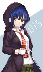 Rule 34 | 10s, 1girl, black jacket, blue hair, character name, closed mouth, collared shirt, darling in the franxx, drink, green eyes, green skirt, hair ornament, hairclip, hand in pocket, highres, holding mug, hood, hooded jacket, ichigo (darling in the franxx), jacket, navel, necktie, open clothes, open jacket, plaid, plaid skirt, red necktie, school uniform, shirt, short hair, skirt, solo, striped necktie, striped neckwear, tareme, two-tone background, upper body, white shirt, wing collar, yuuki nao (pixiv10696483)