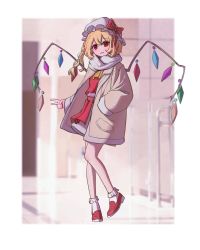 Rule 34 | 1girl, absurdres, adapted costume, ascot, blonde hair, blush, bow, chinese commentary, coat, commentary, crystal, dot nose, dress, fang, flandre scarlet, full body, hair between eyes, hand in pocket, hat, hat bow, hat shop, highres, layered clothes, long hair, looking at viewer, mob cap, open clothes, open coat, parted lips, red bow, red eyes, red footwear, red skirt, red vest, scarf, shoes, side ponytail, skin fang, skirt, skirt set, smile, socks, solo, standing, standing on one leg, touhou, v, vest, white dress, white hat, white scarf, white socks, wings, yellow ascot, yellow coat
