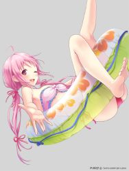 Rule 34 | 1girl, ;d, barefoot, bow, breasts, feet, hair bow, hair ribbon, ilog, innertube, long hair, looking at viewer, navel, occhan (11715), official art, one eye closed, open mouth, pink eyes, pink hair, reaching, ribbon, sakuragi kokoro, smile, solo, swim ring, swimsuit, toes, twintails