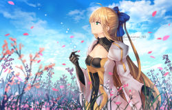 Rule 34 | 1girl, advarcher, ahoge, artist name, artoria caster (fate), artoria caster (third ascension) (fate), artoria pendragon (fate), blonde hair, blue bow, blue sky, bow, breasts, check commentary, cherry blossoms, cleavage, cloud, commentary request, cowboy shot, fate/grand order, fate (series), field, flower, flower field, from side, gloves, green eyes, juliet sleeves, long hair, long sleeves, medium breasts, petals, puffy sleeves, sky, smile, solo, twitter username, very long hair