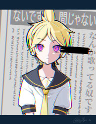 Rule 34 | 1boy, antenna hair, bar censor, blonde hair, censored, closed mouth, expressionless, headphones, highres, identity censor, kagamine len, looking at viewer, necktie, pink eyes, shirt, short hair, solo, syiga, tokumei m (vocaloid), translation request, vocaloid