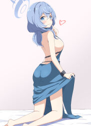 Rule 34 | 1girl, absurdres, aikawa ryou, ako (blue archive), ako (dress) (blue archive), ass, backless dress, backless outfit, barefoot, blue archive, blue dress, blue eyes, blue hair, blue halo, blush, breasts, closed mouth, cuffs, dress, hair between eyes, halo, handcuffs, heart, highres, kneeling, kneepits, large breasts, long hair, sideboob, sleeveless, sleeveless dress, smile, solo