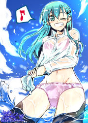 Rule 34 | 10s, 1girl, aqua eyes, aqua hair, bra, dated, grin, hair ornament, hairclip, kantai collection, long hair, looking at viewer, musical note, navel, no pants, one eye closed, panties, partially submerged, pink bra, pink panties, quaver, see-through, shirt, signature, smile, soaking feet, solo, speech bubble, spoken musical note, squeezing, suzuya (kancolle), takana shinno, twitter username, underwear, wading, water, wet, wet clothes, wet shirt