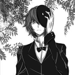 Rule 34 | 1124366468 (artist), 1boy, bow, bowtie, deemo, deemo (character), greyscale, holding, holding mask, looking at viewer, male focus, mask, monochrome, personification, shirt, solo, spoilers, tree