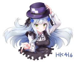 Rule 34 | 1girl, arm up, bad id, bad pixiv id, black bow, black dress, blush, bow, breasts, character name, closed mouth, collared shirt, dress, fingernails, girls&#039; frontline, green eyes, hair bow, hair ornament, hand on headwear, hat, hk416 (black kitty&#039;s gift) (girls&#039; frontline), hk416 (girls&#039; frontline), long hair, long sleeves, looking at viewer, medium breasts, melings (aot2846), official alternate costume, purple hat, shirt, silver hair, simple background, sleeveless, sleeveless dress, solo, top hat, very long hair, white background, white shirt
