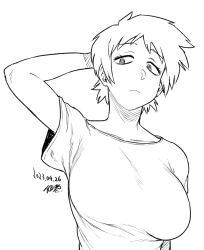 Rule 34 | 1girl, arm behind head, breasts, dated, frown, greyscale, large breasts, monochrome, original, short hair, simple background, solo, tsukudani (coke-buta), upper body, white background