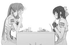 Rule 34 | 2girls, ahoge, aino ai, aria (manga), aria company uniform, character request, cup, cutlery, drinking glass, food, fork, greyscale, holding, holding fork, holding knife, knife, long hair, mizunashi akari, monochrome, multiple girls, plate, simple background, sitting, suiso (owp), table, table knife