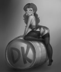 Rule 34 | 1girl, ass, barrel, bent over, breasts, donkey kong (game), donkey kong (series), earrings, feet, highres, jewelry, leggings, lm (legoman), looking at viewer, looking back, mario (series), monochrome, nintendo, no panties, open mouth, pauline, pussy, sideboob, simple background, solo, super mario bros. 1, uncensored