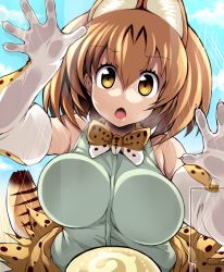 Rule 34 | 10s, 1girl, against glass, animal ears, bare shoulders, blonde hair, bow, bowtie, breast press, breasts, breasts on glass, claws, day, drooling, elbow gloves, food, glass, gloves, hair between eyes, hands up, high-waist skirt, japari bun, japari symbol, kemono friends, large breasts, medium hair, open mouth, outdoors, scratches, serval (kemono friends), serval print, serval tail, shirt, skirt, sleeveless, sleeveless shirt, solo, striped tail, tail, tsukasawa takamatsu, unaligned breasts, upper body