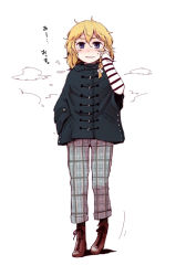 Rule 34 | 1girl, blonde hair, boots, bow, braid, coat, contemporary, daitai konna kanji, female focus, full body, hair bow, hand in pocket, hand on own face, kirisame marisa, long sleeves, looking at viewer, no headwear, pants, plaid, purple eyes, simple background, single braid, solo, standing, sweatdrop, touhou, white background