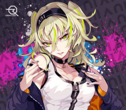 Rule 34 | 1girl, black nails, blonde hair, breasts, choker, cleavage, commentary request, green eyes, green hair, hair between eyes, hairband, jacket, long hair, looking at viewer, medium breasts, nail polish, original, parted lips, pokimari, solo, two side up, upper body, yellow nails