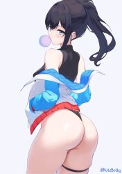 Rule 34 | 1girl, ass, bikini, black bikini, black hair, blue eyes, blowing bubbles, chewing gum, commentary, gridman universe, highres, jacket, long sleeves, looking at viewer, looking back, nutsbutty, ponytail, solo, ssss.gridman, swimsuit, takarada rikka, thigh strap, thighs, thong bikini, white background