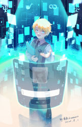 Rule 34 | 1boy, 2020, :d, black necktie, black shorts, blonde hair, blood, blue eyes, clipboard, collared shirt, davis (tears of themis), full body, grey vest, holding, holding clipboard, holographic interface, kenkako, long sleeves, looking at viewer, male focus, necktie, open mouth, shirt, short hair, shorts, signature, smile, solo, standing, tears of themis, vest, white shirt