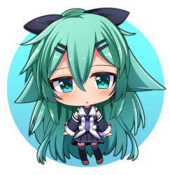 Rule 34 | 10s, 1girl, chibi, commentary request, detached sleeves, green eyes, green hair, hair between eyes, hair ornament, hair ribbon, hairclip, kantai collection, long hair, looking at viewer, parted lips, pleated skirt, ribbon, school uniform, serafuku, skirt, snow (gi66gotyo), solo, thighhighs, yamakaze (kancolle), zettai ryouiki