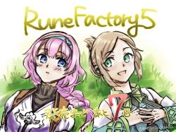 Rule 34 | 2girls, :d, absurdres, blush, braid, braided ponytail, breasts, copyright name, freckles, grass, green eyes, hairband, highres, lucy (rune factory), lying, medium breasts, multiple girls, nagatsuki sana, on back, open mouth, outdoors, pink hair, priscilla (rune factory), rune factory, rune factory 5, short hair, sidelocks, smile, upper body