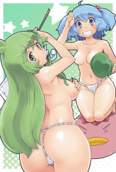 Rule 34 | 2girls, ass, blue eyes, blue hair, breasts, clenched teeth, convenient censoring, covering privates, covering breasts, frog hair ornament, fundoshi, green background, green eyes, green hair, hair bobbles, hair ornament, hat, unworn hat, unworn headwear, highres, japanese clothes, kawashiro nitori, kei jiei, kochiya sanae, large breasts, long hair, looking at viewer, multiple girls, short hair, sideboob, snake hair ornament, star (symbol), teeth, topless, touhou, twintails, two side up, underwear, underwear only