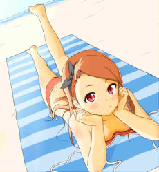 Rule 34 | 1girl, barefoot, beach, bikini, black bow, bow, breasts, brown hair, closed mouth, collarbone, day, foreshortening, full body, hair bow, highres, idolmaster, idolmaster (classic), long hair, looking at viewer, lying, minase iori, on stomach, outdoors, red bikini, red eyes, red ribbon, ribbon, shuucream (syuichi), side-tie bikini bottom, small breasts, smile, soles, solo, swept bangs, swimsuit, the pose, untied bikini