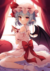 Rule 34 | 1girl, bare shoulders, bat wings, blue hair, closed mouth, commentary request, curtains, dress, hat, highres, legs, looking at viewer, miy@, mob cap, pink dress, pink hat, pointy ears, remilia scarlet, short hair, sitting, socks, solo, touhou, white socks, window, wings