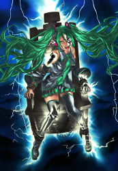 Rule 34 | 1girl, album cover redraw, aqua eyes, aqua hair, derivative work, detached sleeves, electric chair, electricity, female focus, full body, gradient background, hatsune miku, headphones, headset, highres, legs, lightning, long hair, mad (artist), metallica, necktie, parody, red eyes, ride the lightning, skeleton, skirt, smile, solo, thighhighs, twintails, very long hair, vocaloid, x-ray, zettai ryouiki