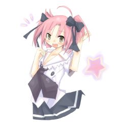 Rule 34 | 00s, 1girl, :d, ^^^, ahoge, black bow, black neckerchief, black skirt, blush, bow, brown eyes, collarbone, flat chest, hair bow, hand up, kanikama, kogami akira, long hair, looking at viewer, lucky star, neckerchief, open mouth, pink hair, pleated skirt, red hair, school uniform, serafuku, shirt, short sleeves, simple background, skirt, smile, solo, star (symbol), tareme, twintails, white background, white shirt, yellow eyes