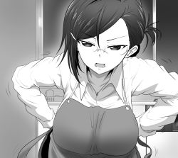 Rule 34 | 1girl, annoyed, apron, bad id, bad pixiv id, breasts, commentary request, glasses, greyscale, hair ornament, hairclip, hands on own hips, highres, large breasts, leaning forward, long sleeves, looking at viewer, monochrome, open mouth, original, saeki haruko, solo, take (shokumu-taiman)