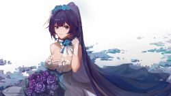 Rule 34 | 1girl, absurdres, bad id, bad pixiv id, bare shoulders, blue eyes, blue flower, blue rose, bouquet, bow, breasts, chinese commentary, cleavage, collarbone, commentary request, dress, flower, frilled dress, frills, gloves, hair flower, hair ornament, hand up, high ponytail, highres, honkai (series), honkai impact 3rd, large breasts, long hair, looking at viewer, medium breasts, parted lips, purple flower, purple hair, purple rose, raiden mei, raiden mei (valkyrie bladestrike), rose, simple background, smile, solo, straight hair, strapless, strapless dress, very long hair, white background, white bow, white dress, white gloves, xianyu liang