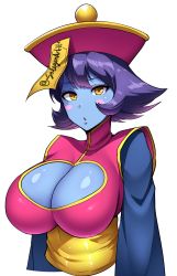 Rule 34 | 1girl, blue skin, blush stickers, breasts, chinese clothes, cleavage, cleavage cutout, clothing cutout, colored skin, flipped hair, hat, highres, huge breasts, jiangshi, lei lei, ofuda, parted lips, short hair, simple background, sole gem, solo, upper body, vampire (game), white background, yellow eyes