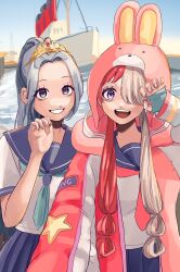 Rule 34 | 2girls, alternate costume, blue hair, commentary request, crown, hair over one eye, hair rings, highres, jyww5335, long hair, looking at viewer, multicolored hair, multiple girls, nefertari vivi, one eye covered, one piece, one piece film: red, open mouth, outdoors, ponytail, purple eyes, red hair, ship, smile, split-color hair, teeth, twintails, uta (one piece), watercraft, white hair