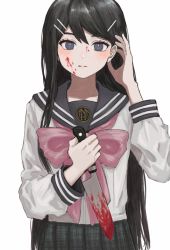 Rule 34 | 1girl, adjusting hair, arm up, black hair, black sailor collar, black skirt, blood, blood on face, bloody knife, bloody weapon, blue eyes, blush, bright pupils, closed mouth, commentary, cowboy shot, danganronpa: trigger happy havoc, danganronpa (series), expressionless, eyelashes, hair ornament, hairclip, highres, holding, holding knife, knife, long hair, long sleeves, looking at viewer, maizono sayaka, neckerchief, pink neckerchief, pink pupils, renshu usodayo, sailor collar, simple background, skirt, solo, sweat, swept bangs, weapon, white background