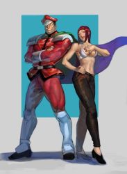 Rule 34 | 1boy, 1girl, ;q, alternate costume, alternate hairstyle, bam (s2leona), bikini, bikini top only, black hair, breasts, cape, casual, crossed arms, flats, gg (s2leona), hair down, han juri, hand on own hip, hat, hat over one eye, licking lips, looking at viewer, m. bison, midriff, muscular, navel, no pupils, one eye closed, pants, peaked cap, shoulder pads, sidelocks, skin tight, smile, street fighter, swimsuit, toned, tongue, tongue out, wink
