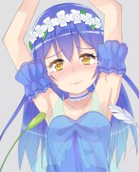 Rule 34 | 1girl, armpits, arms up, blue hair, blush, cat teaser, choker, collarbone, dress, feathers, flower, hair between eyes, hair flower, hair ornament, head wreath, highres, long hair, looking at viewer, love live!, love live! school idol project, muse loss, simple background, solo, sonoda umi, tears, tickling, tickling armpits, yellow eyes, yume no tobira