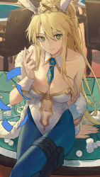 Rule 34 | 1girl, absurdres, ahoge, animal ears, artoria pendragon (all), artoria pendragon (fate), artoria pendragon (swimsuit ruler) (fate), between breasts, blonde hair, blue pantyhose, breasts, chair, collarbone, crown, fake animal ears, fate/grand order, fate (series), green eyes, highres, holster, large breasts, leotard, midriff, necktie, necktie between breasts, pantyhose, playboy bunny, poker chip, poker table, rabbit ears, sidelocks, solo, table, tesin (7aehyun), thigh holster