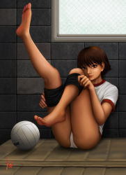Rule 34 | 10s, 1girl, artist name, ass, ball, barefoot, brown eyes, brown hair, clothes pull, ebi (eeotoko), feet, girls und panzer, highres, isobe noriko, md5 mismatch, multicolored hair, panties, pulled by self, short hair, shorts, shorts pull, signature, sitting, soles, solo, sportswear, toes, two-tone hair, underwear, volleyball (object), volleyball uniform, white panties