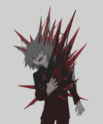 Rule 34 | 1boy, absurdres, avogado6, crying, depressed, dripping, grey background, grey hair, hair over eyes, highres, male focus, open mouth, original, simple background, solo, spikes, tears, teeth, tongue, torn clothes, uniform, upper teeth only