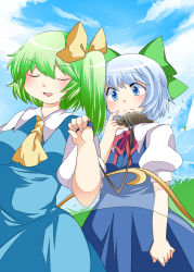 Rule 34 | 2girls, ascot, bad id, bad pixiv id, blue eyes, blue hair, bow, cirno, collar, daiyousei, closed eyes, fairy wings, green hair, hair bow, hammer (sunset beach), ice, ice wings, leash, multiple girls, open mouth, puffy sleeves, short hair, short sleeves, side ponytail, touhou, wings