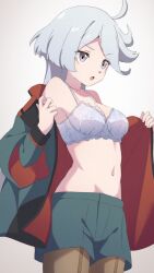 Rule 34 | 1girl, absurdres, ahoge, asticassia school uniform, blush, bra, breasts, brown pantyhose, commentary request, cowboy shot, frown, grey bra, grey eyes, grey hair, grey jacket, grey shorts, gundam, gundam suisei no majo, highres, jacket, lace, lace-trimmed bra, lace trim, layered sleeves, long hair, long sleeves, looking to the side, medium breasts, miorine rembran, miyama (yakinikusushi the royal), navel, open clothes, open jacket, open mouth, opened by self, pantyhose, pantyhose under shorts, school uniform, short over long sleeves, short shorts, short sleeves, shorts, solo, standing, underwear