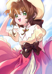 Rule 34 | 1girl, antenna hair, bow, brooch, brown hair, brown ribbon, cardcaptor sakura, child, day, dress, green eyes, hat, highres, holding, holding clothes, holding hat, jewelry, kinomoto sakura, kuzen, looking at viewer, magical girl, open mouth, pink dress, puffy short sleeves, puffy sleeves, red brooch, ribbon, short hair, short sleeves, smile, solo, sunlight, white hat