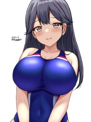 Rule 34 | 1girl, ahoge, black hair, blue one-piece swimsuit, blush, breasts, brown eyes, competition swimsuit, covered navel, dated, hair between eyes, highres, impossible clothes, impossible swimsuit, kantai collection, large breasts, long hair, montemasa, one-hour drawing challenge, one-piece swimsuit, open mouth, smile, solo, swimsuit, twitter username, two-tone swimsuit, upper body, ushio (kancolle), white background