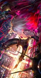 Rule 34 | 1boy, armor, bishounen, blue eyes, chest jewel, cityscape, egawa akira, fate/apocrypha, fate (series), floating, flying, from above, highres, karna (fate), looking at viewer, male focus, pale skin, solo, white hair