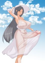 Rule 34 | 1girl, arm up, armpits, artist request, black hair, blush, breasts, brown eyes, censored, cleavage, cloud, erection, erection under clothes, full-package futanari, futanari, hat, highres, holding, holding clothes, holding hat, huge breasts, huge penis, long hair, original, penis, see-through, sky, solo, standing, testicles